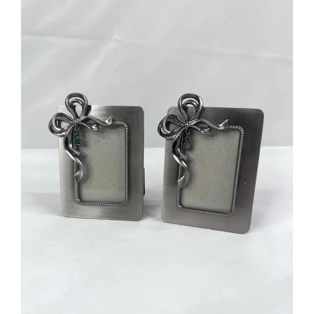 Vintage Carr Picture Frame Silvertone Raised Bow Birthstones Set Of 2